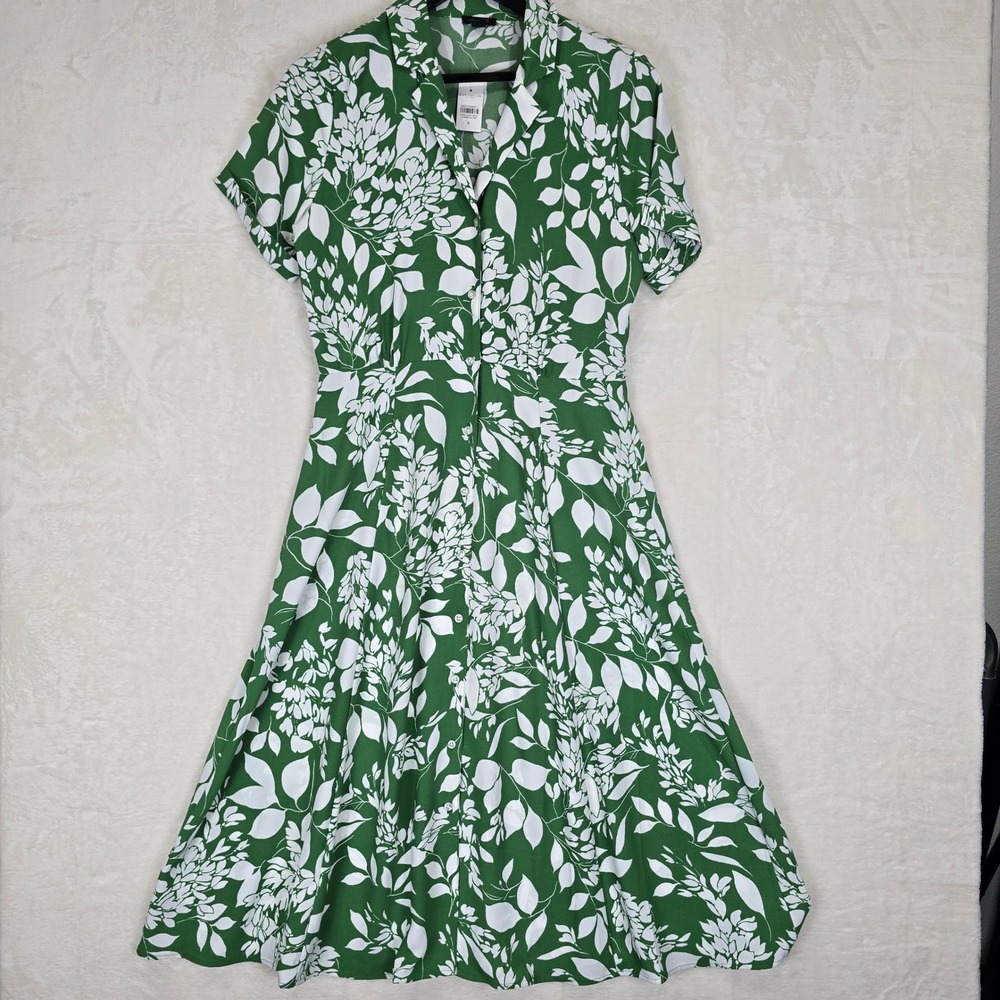 Ann Taylor Factory Green White Floral Leaf Button Front Midi Shirt Dress 6 NWT